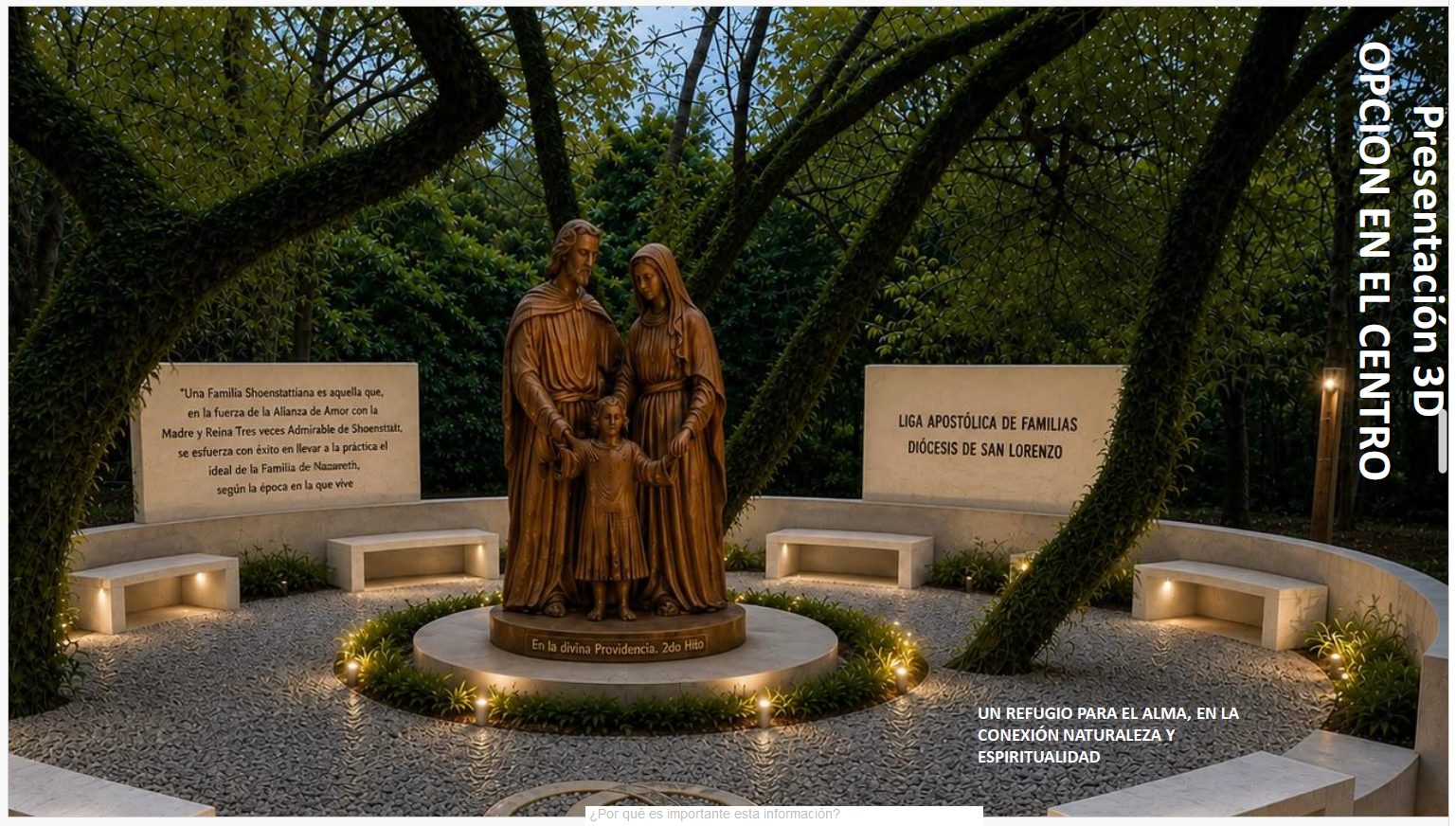 Render 3D del monumento a la Familia de Nazaret, en un espacio circular con bancos, piedras y arboleda